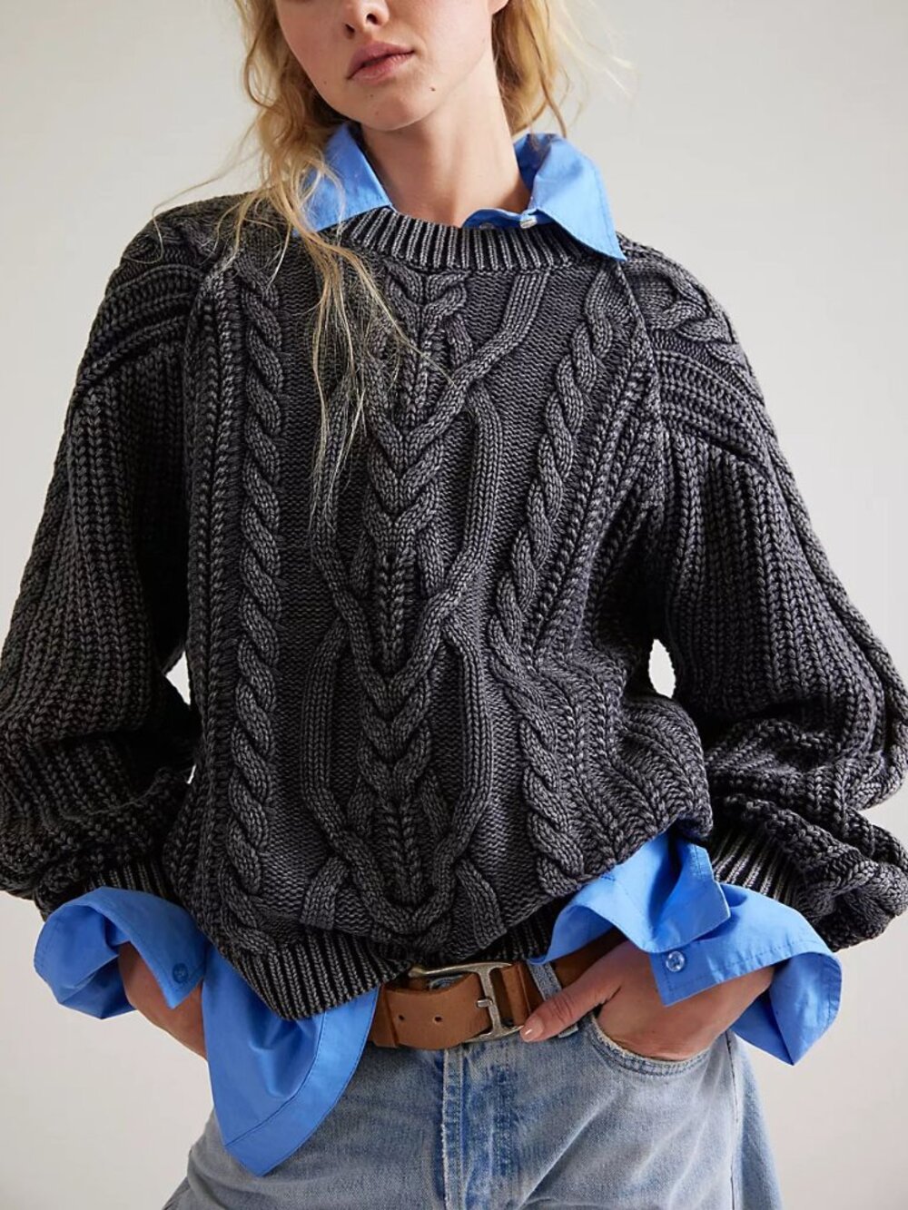 🆕 FREE PEOPLE Frankie Cable Knit Cotton Sweater / Black - Picture 9 of 14